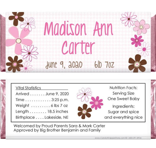 BAG249 - Whimsy Flowers Girl Birth Announcement Candy Bar Wrappers Whimsy Flowers Girl Birth Announcement Candy Bar Wrappers Birth Announcement BAG249