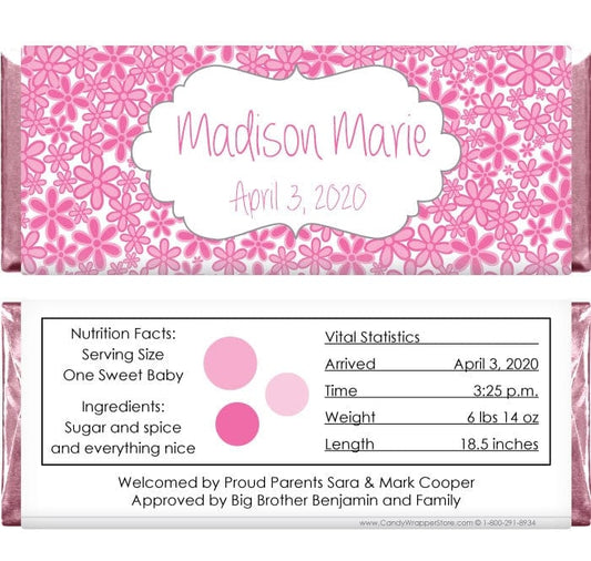 BAG250DCH - Whimsical Flower Background Birth Announcement Candy Bar Wrapper Whimsical Flower Background Birth Announcement Candy Bar Wrapper Birth Announcement BAG250