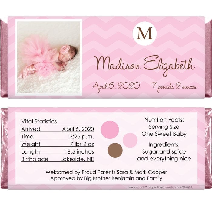 BAG253photo - Photo Chevron Background Birth Announcement Candy Wrapper Pink birth announcement candy bar wrapper with photo and chevron theme Birth Announcement BAG253