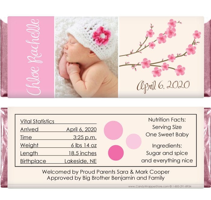 BAG254photo - Cherry Blossom Photo Birth Announcement Candy Wrapper Cherry Blossom Photo Birth Announcement Candy Wrapper Birth Announcement BAG254