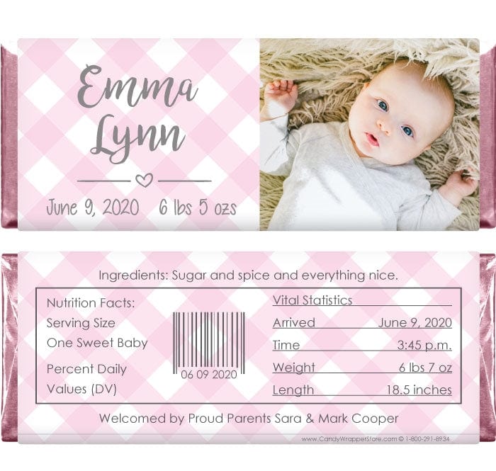 BAG260photo - Baby Girl Soft Pink Gingham Pattern Photo Candy Bar Wrappers Baby Girl Soft Pink Gingham Pattern Photo Candy Bar Wrappers Baby & Toddler BAG260
