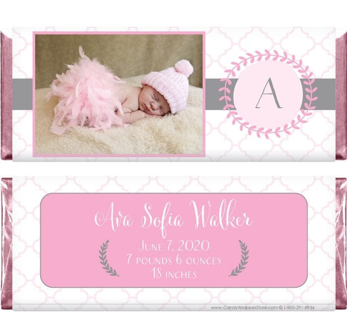 BAG264photo - Whimsy Wreath Baby Girl Birth Announcement Candy Bar Wrapper Whimsy Wreath Baby Girl Birth Announcement Candy Bar Wrapper Birth Announcement BAG264