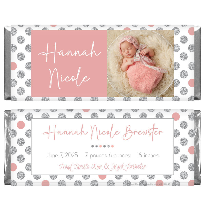 BAG266photo - Glitter Dots Baby Girl Birth Announcement Candy Bar Wrapper Glitter Dots Baby Girl Birth Announcement Candy Bar Wrapper Birth Announcement BAG266