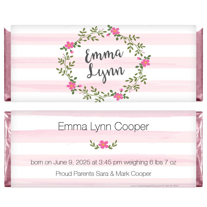 BAG271 - Whimsy Wreath with Chunky Pink Stripes Baby Girl Birth Announcement Wrapper Baby Girl Whimsy Flower Pink and Brown Wrappers Birth Announcement BAG271