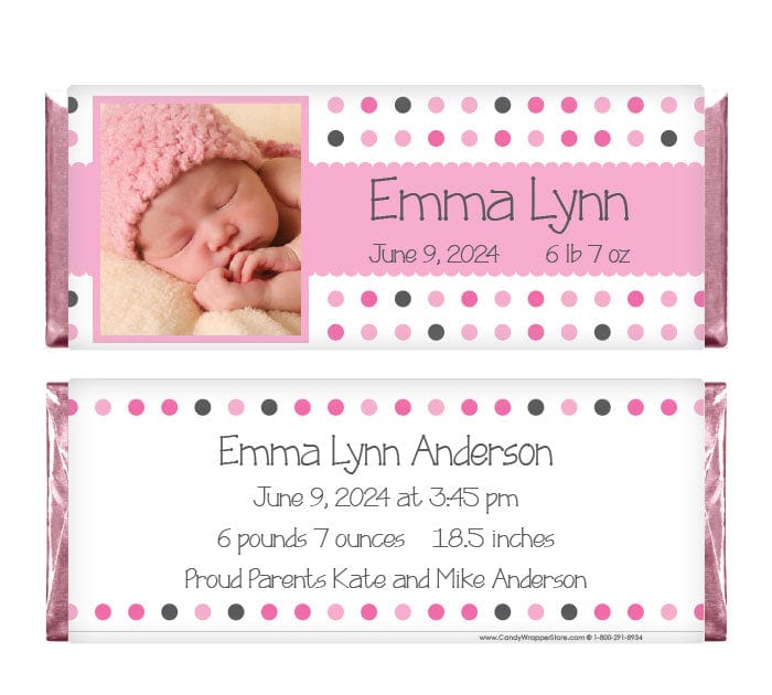 BAG350photo - Multi Pink Dots Photo Birth Announcement Candy Bar Wrapper Multi Dots Photo Birth Announcement 1.55 oz Hershey Candy Bar Wrappers Birth Announcement BAG350