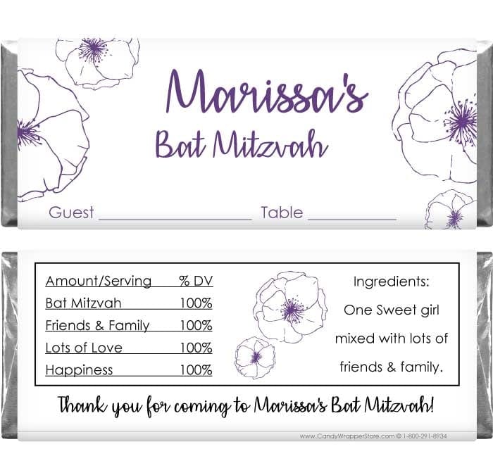 BAT201 - Bat Mitzvah Poppy Flowers Place Setting Candy Bar Wrapper Bat Mitzvah Poppy Flowers Place Setting Candy Bar Wrapper Candy Wrappers BAT201