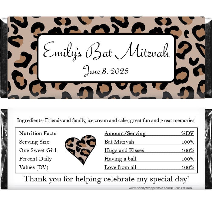 BAT318LEOPARD - Bat Mitzvah Leopard Print Candy Bar Wrapper Bat Mitzvah Leopard Print Candy Bar Wrapper Candy Wrappers BAT318