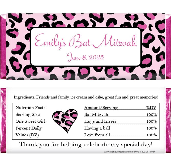 BAT318LEOPARDF - Bat Mitzvah Fuschia Leopard Print Candy Bar Wrapper Bat Mitzvah Leopard Print Candy Bar Wrapper Candy Wrappers BAT318