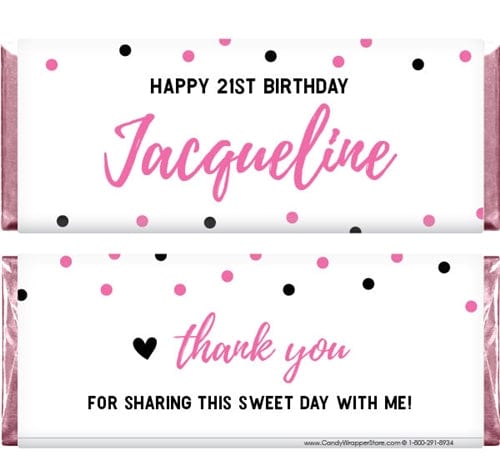 BD204 - Pink and Black Dots Birthday Candy Bar Wrappers Pink and Black Dots Birthday Candy Bar Wrappers Candy Wrappers BD204