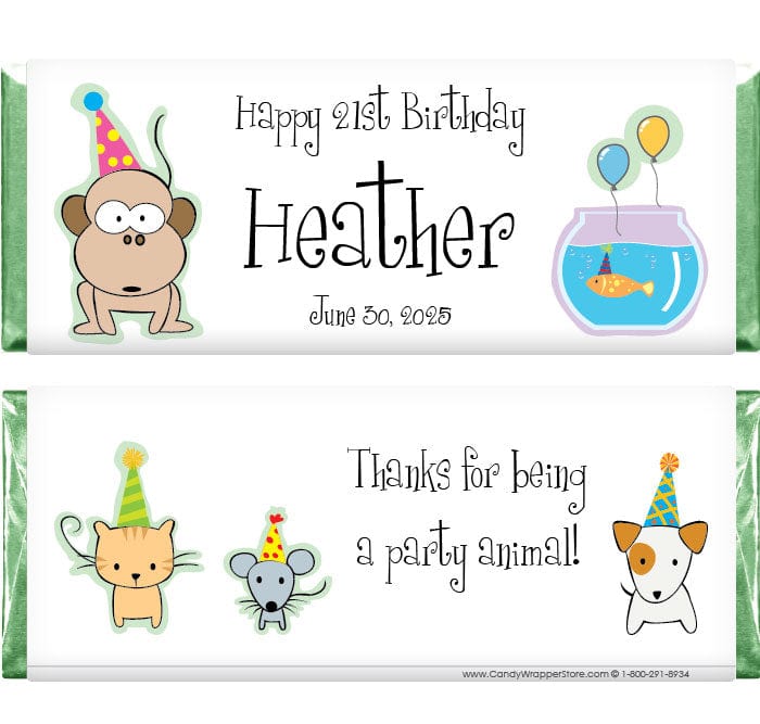 BD209 - Birthday Party Animals Candy Bar Wrappers Birthday Party Animals Candy Bar Wrappers Candy Wrappers BD209
