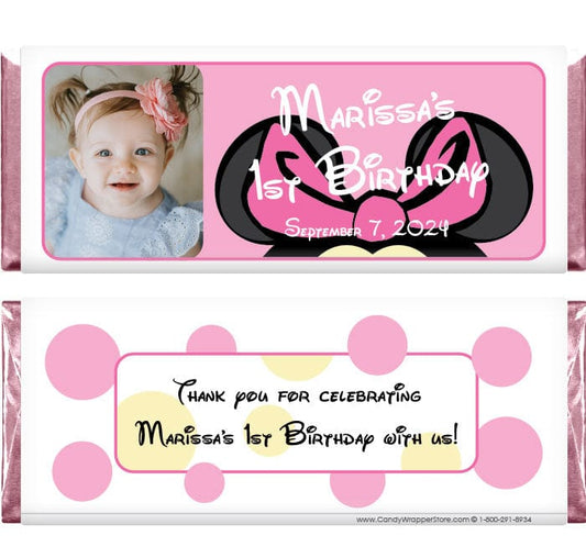 BD223photo - Minnie Mouse with Photo Birthday Candy Bar Wrappers Minnie Mouse with Photo Birthday Candy Bar Wrappers Candy Wrappers BD223