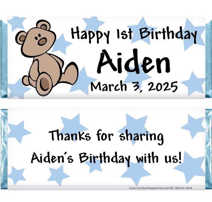 BD224b - Teddy Bear and Blue Stars Birthday Candy Bar Wrappers Teddy Bear Birthday Hersheys 1.55 oz Candy Bar wrappers Candy Wrappers BD224