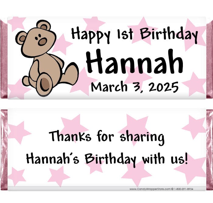 BD224p - Teddy Bear with Pink Stars Birthday Candy Bar Wrappers Teddy Bear Birthday Hersheys 1.55 oz Candy Bar wrappers Candy Wrappers BD224