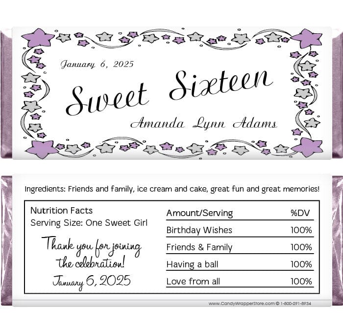 BD240L - Sweet 16 Birthday Candy Bar Wrappers BD240 - Sweet 16 Birthday Candy Bar Wrappers Candy Wrappers BD240