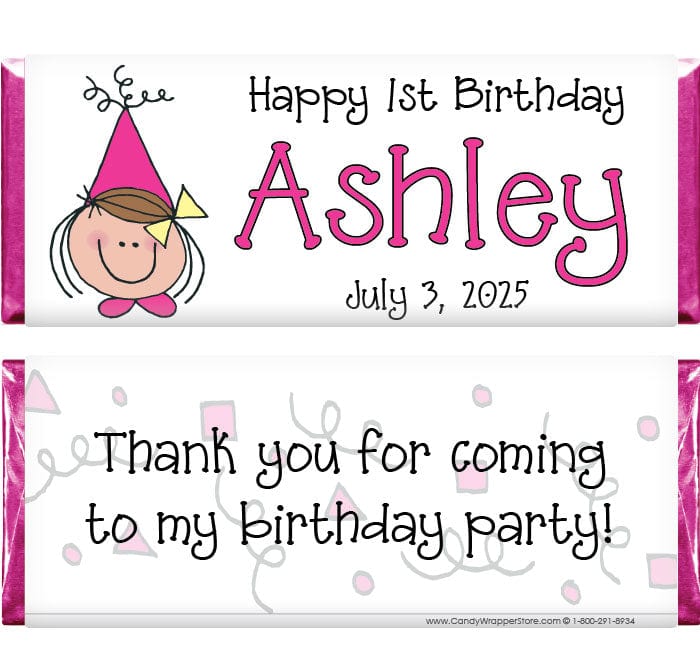 BD246 - Girl Party Hat Birthday Candy Bar Wrappers Birthday Girl in her Party Hat 1.55 oz Hersheys Candy Bar wrappers Candy Wrappers BD246