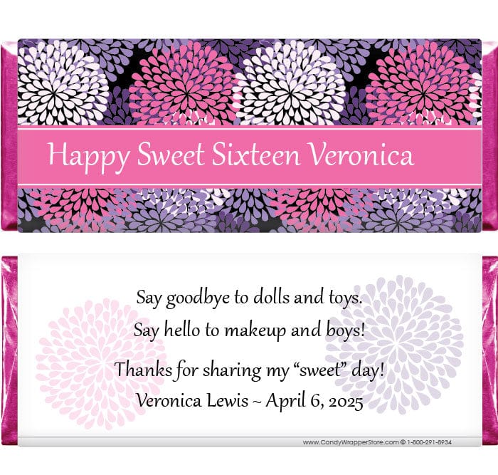 BD274 - Sweet Sixteen Fab Floral Birthday Candy Bar Wrappers Sweet Sixteen Fab Floral Birthday 1.55 oz Candy Bar Wrappers Candy Wrappers BD274