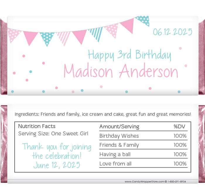 BD280 - Cute Dots and Stripes Bunting Birthday Candy Wrapper Cute Dots and Stripes Bunting Birthday Candy Wrapper Candy Wrappers BD280