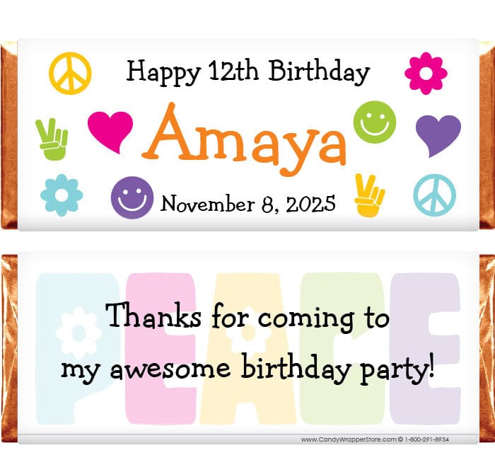 BD296 - Peace Sign Birthday Candy Bar Wrappers Peace Sign Birthday Candy Bar Wrappers Candy Wrappers BD296