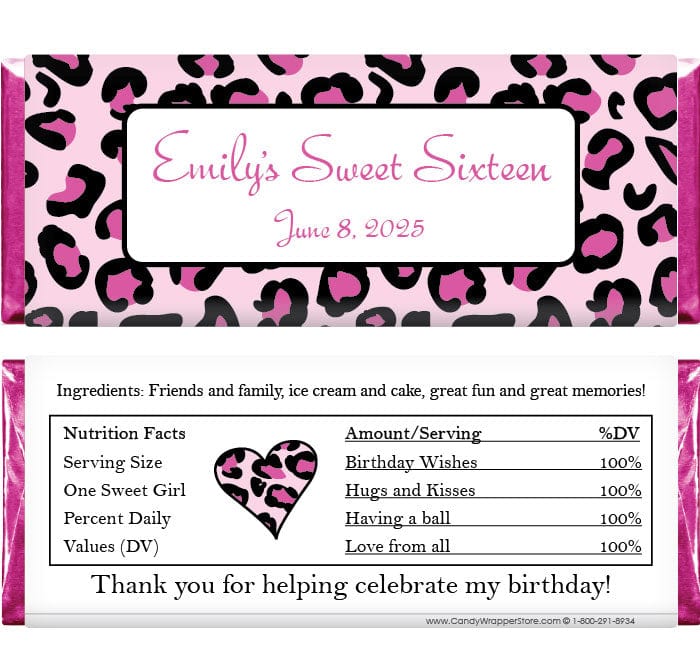 BD318LEOPARDF - Fuschia Leopard Print Birthday Candy Bar Wrapper Candy Wrappers BD318