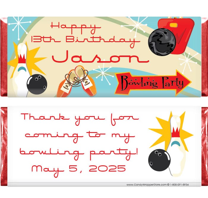 BD323 - Retro Bowling Birthday Candy Bar Wrappers Retro Bowling Birthday Custom Candy Bar Wrappers Candy Wrappers BD323