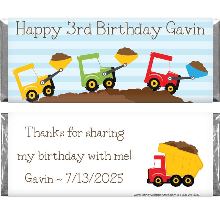 BD326 - Dump Trucks Birthday Candy Bar Wrappers Dump Trucks Birthday 1.55 oz Hersheys Candy Bar wrappers Candy Wrappers BD326