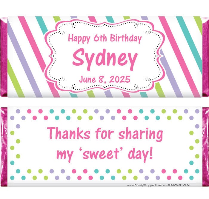 BD328 - Candy Stripes Birthday Candy Bar Wrappers Custom candy bar wrapper with candy stripes for a girls birthday Candy Wrappers BD328