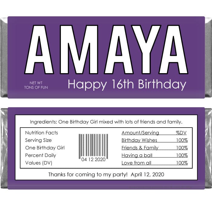 BD330 - 'Your Name Here' Birthday Candy Bar Wrapper Your Name Here Custom Birthday Candy Wrapper Candy Wrappers BD330