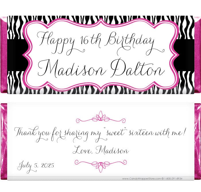 BD335 - Sweet Sixteen Zebra Print Birthday Candy Bar Wrapper Sweet Sixteen Zebra Print Birthday Candy Bar Wrapper Candy Wrappers BD335