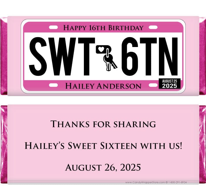 BD343 - Sweet Sixteen License Plate Birthday Candy Bar Wrapper Sweet Sixteen License Plate Birthday 1.55 oz Hershey's Candy Bar wrappers Candy Wrappers BD343