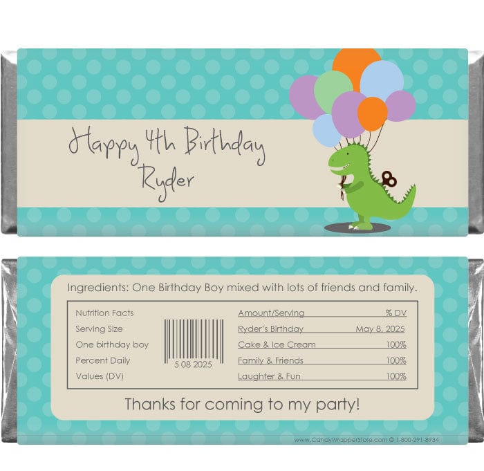 BD361 - Dinosaur with Balloons Birthday Candy Bar Wrappers Dinosaur with Balloons Birthday Candy Bar Wrappers Candy Wrappers BD361