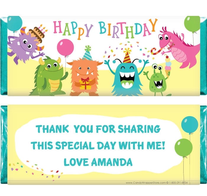 BD397 - Monster Birthday Party Candy Bar Wrappers Monster themed birthday party custom candy bar wrappers Candy Wrappers BD397