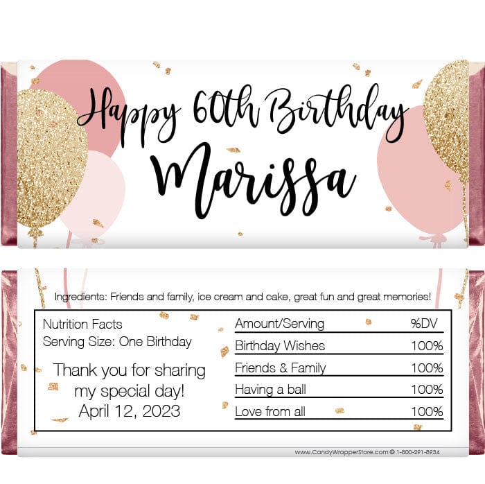 BD404 - Rose Gold and Glitter Gold Balloons Birthday Candy Bar Wrapper Rose Gold and Glitter Gold Balloons Birthday Candy Bar Wrapper Candy Wrappers BD404