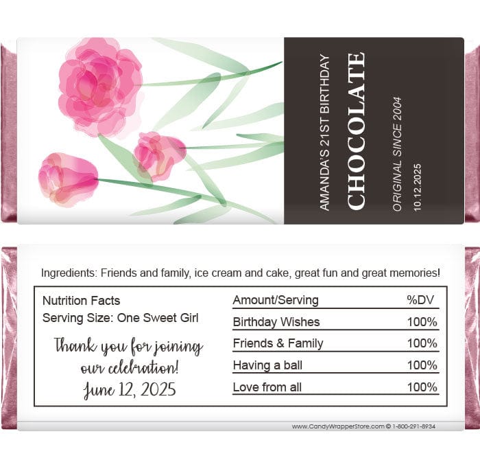 BD425 - Sweet Watercolor Roses Vertical Chocolate Bar Birthday Wrapper Sweet Watercolor Roses Vertical Chocolate Bar Birthday Wrapper Candy Wrappers BD425