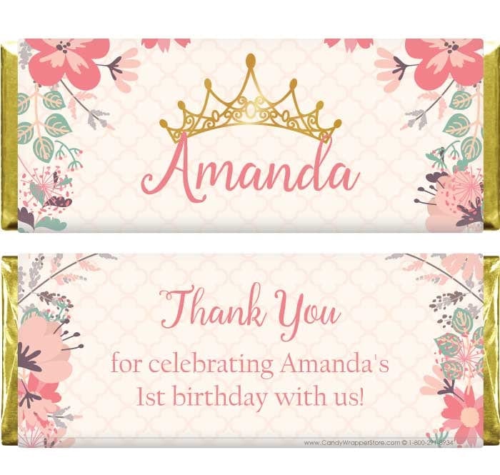 BD431 - Princess Tiara and Floral Birthday Candy Bar Wrapper Princess Tiara and Floral Birthday Candy Bar Wrapper Candy Wrappers BD431
