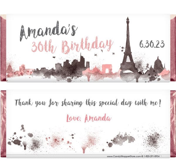 BD434 - Watercolor Paris Skyline Birthday Candy Bar Wrapper Watercolor Paris Skyline Birthday Candy Bar Wrapper Candy Wrappers BD434