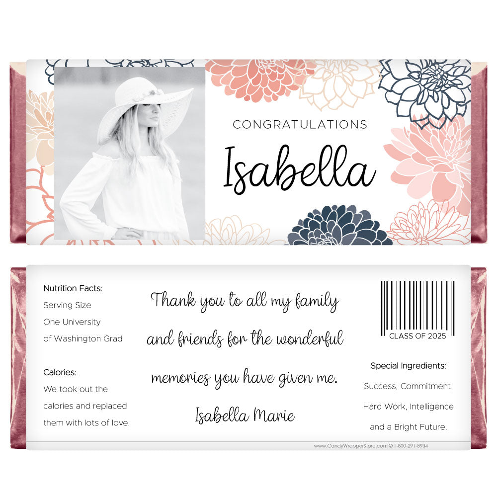 Blush and Navy Dahlias Photo Graduation Candy Bar Wrappers - GRAD214photo Floral Color Block Photo Graduation Candy Bar Wrappers Candy Wrappers GRAD214