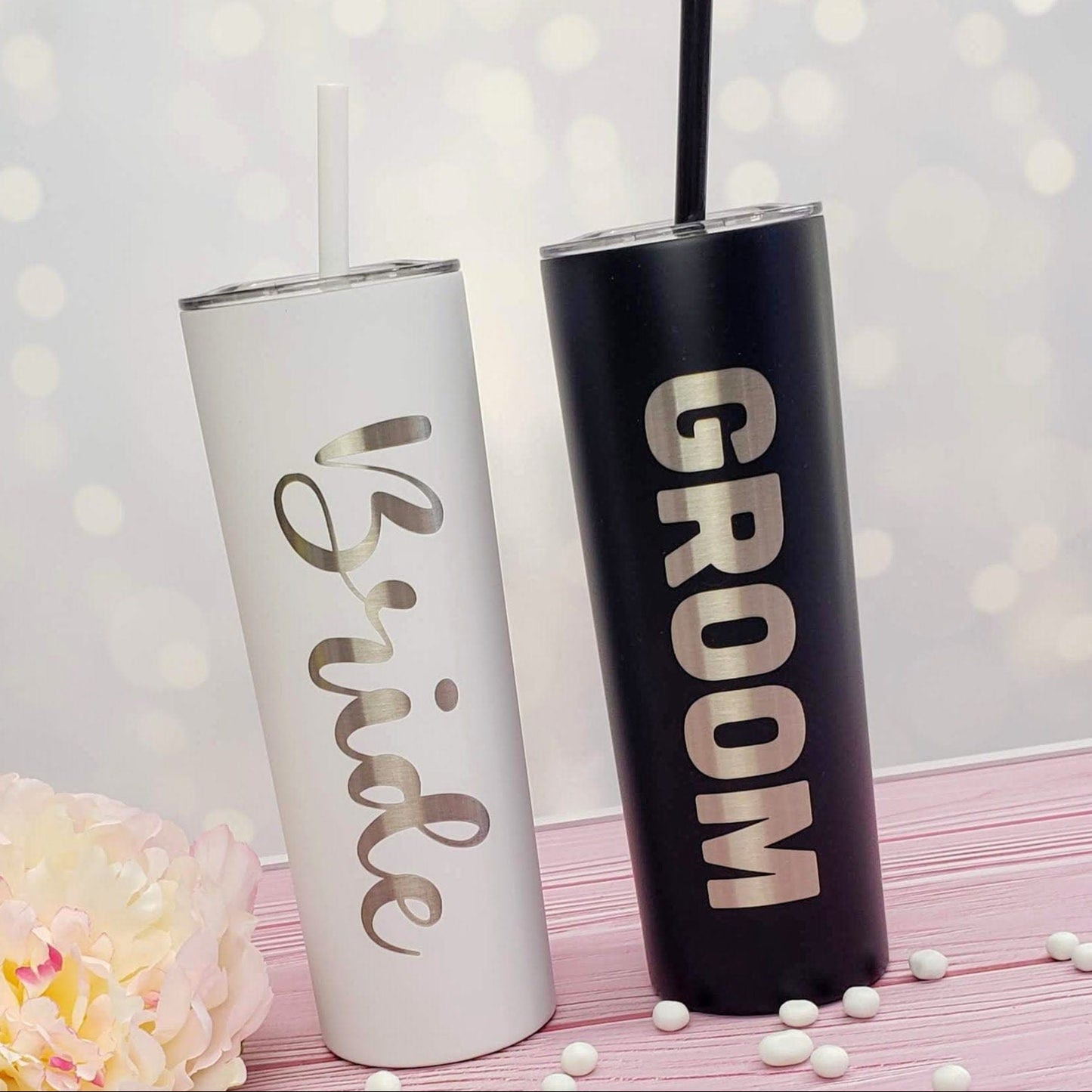 Bride and Groom Laser Engraved Tumbler with Your Choice of Script Font on the side - Double Wall 20oz Hot / Cold Tumbler with Straw Tumbler Candy Wrapper Store