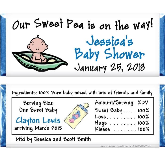 BS228 - Baby Shower Pea Pod Candy Bar Wrappers Blue themed Pea in a Pod custom candy bar wrapper for baby showers Baby & Toddler BS228