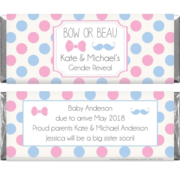 BS267 - Bow or Beau Polka Dots Gender Reveal Candy Bar Wrappers Bow or Beau Polka Dots Gender Reveal Custom Candy Wrappers for Baby Showers Birth Announcement BS267