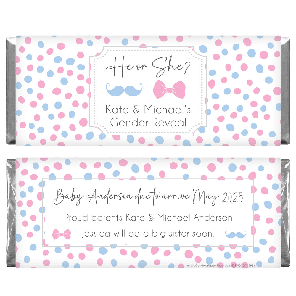 BS267 - Bow or Beau Polka Dots Gender Reveal Candy Bar Wrappers Bow or Beau Polka Dots Gender Reveal Custom Candy Wrappers for Baby Showers Birth Announcement BS267