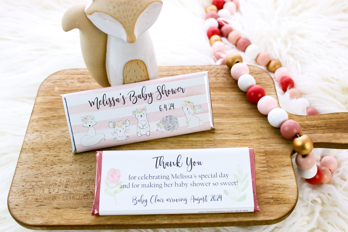 BS349 - Cute Woodland Animals with Flowers Baby Shower Candy Bar Wrappers Cute Woodland Animals with Flowers Baby Shower Candy Bar Wrappers Birth Announcement bs349