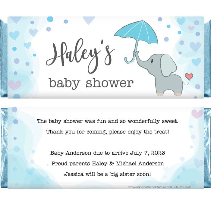 BS361blue - Cute Elephant with Umbrella Baby Shower Candy Bar Wrappers Cute Elephant with Umbrella Baby Shower Candy Bar Wrappers Birth Announcement bs361