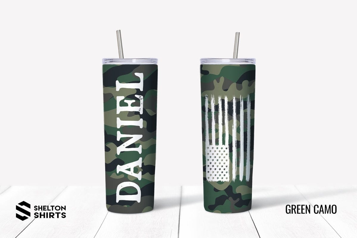 Camo Tumbler with Name on the Front and Distressed Flag on the Back – Candy  Wrapper Store
