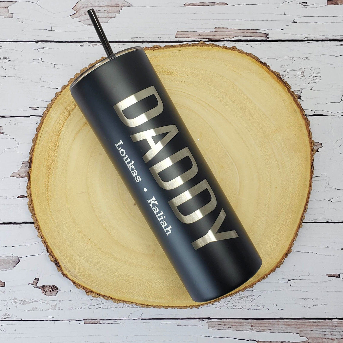 Daddy with Kids Names Laser Engraved Matte Blush Tumbler - Double Wall 20oz Tumbler with Straw Mugs Candy Wrapper Store