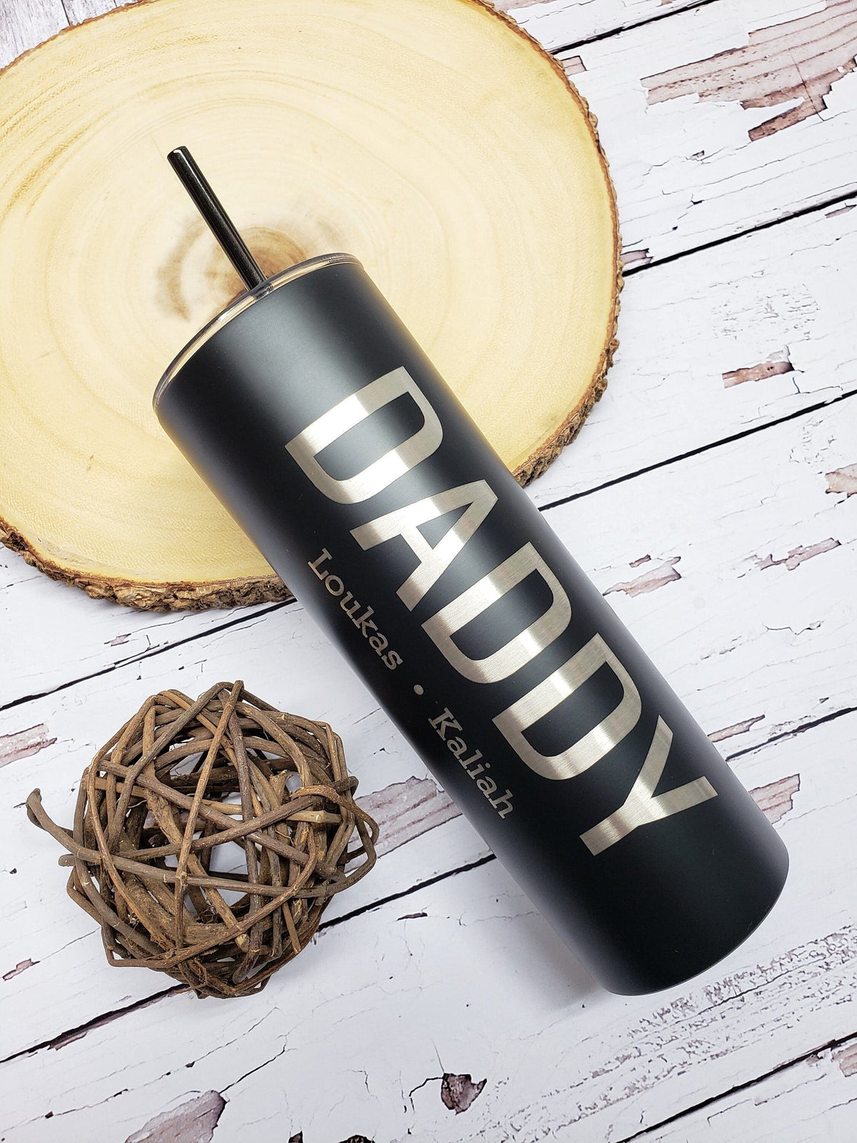 Daddy with Kids Names Laser Engraved Matte Blush Tumbler - Double Wall 20oz Tumbler with Straw Mugs Candy Wrapper Store