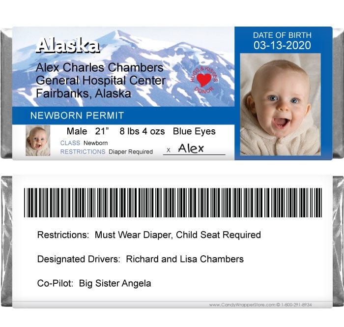 DL-ALASKA - Drivers License Birth Announcement Candy Bar Wrappers Alaska Drivers Licence Birth Announcement Candy Bar Wrappers for 1.55 oz Hershey's Candy Bars Birth Announcement Candy Wrapper Store
