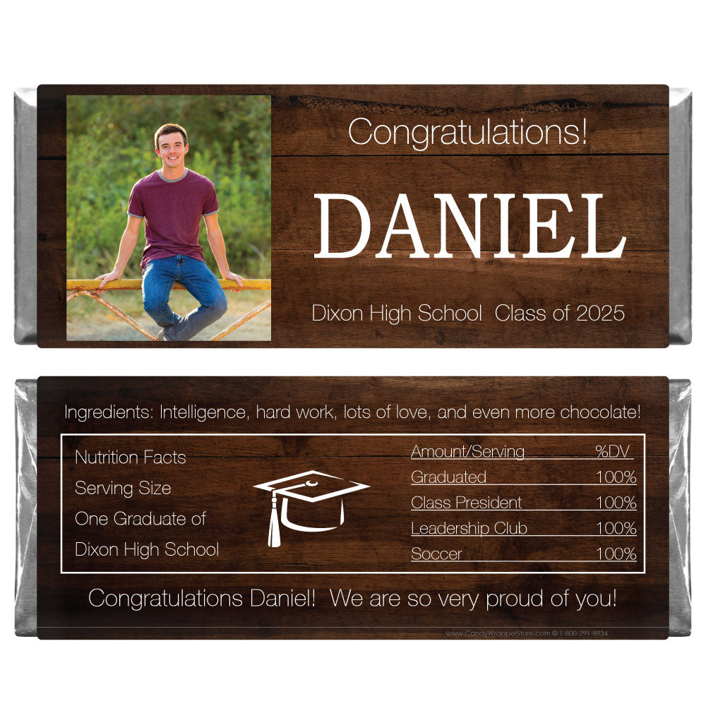 GRAD248photo - Dark Wood Photo Graduation Candy Bar Wrappers Wood Grain Photo Graduation Candy Bar Wrappers Candy Wrappers GRAD428