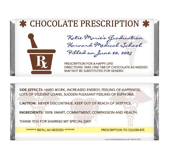 GRAD260 - Chocolate Prescription Graduation Candy Bar Wrapper Chocolate Prescription Graduation Candy Bar Wrapper Candy Wrappers GRAD260