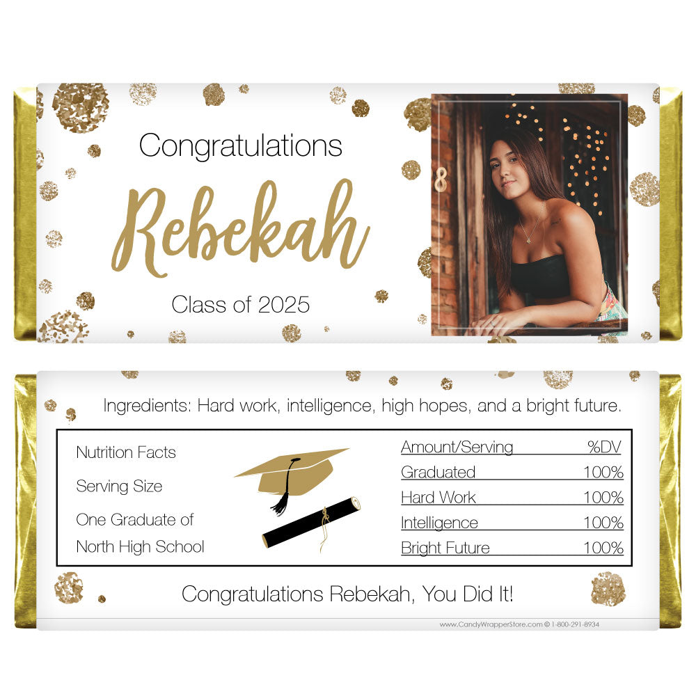 GRAD357photo - Black and Gold Glitter Photo Graduation Candy Bar Wrappers Black and Gold Glitter Photo Graduation Candy Bar Wrappers Candy Wrappers GRAD357