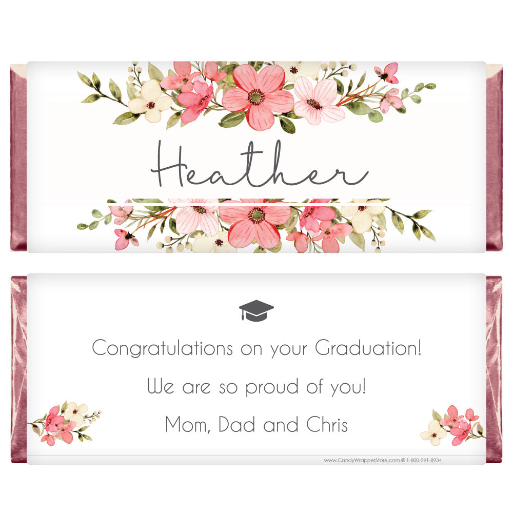 GRAD358 - Pink Split Flowers Graduation Candy Bar Wrappers Pink Split Flowers Graduation Candy Bar Wrappers Candy Wrappers GRAD358